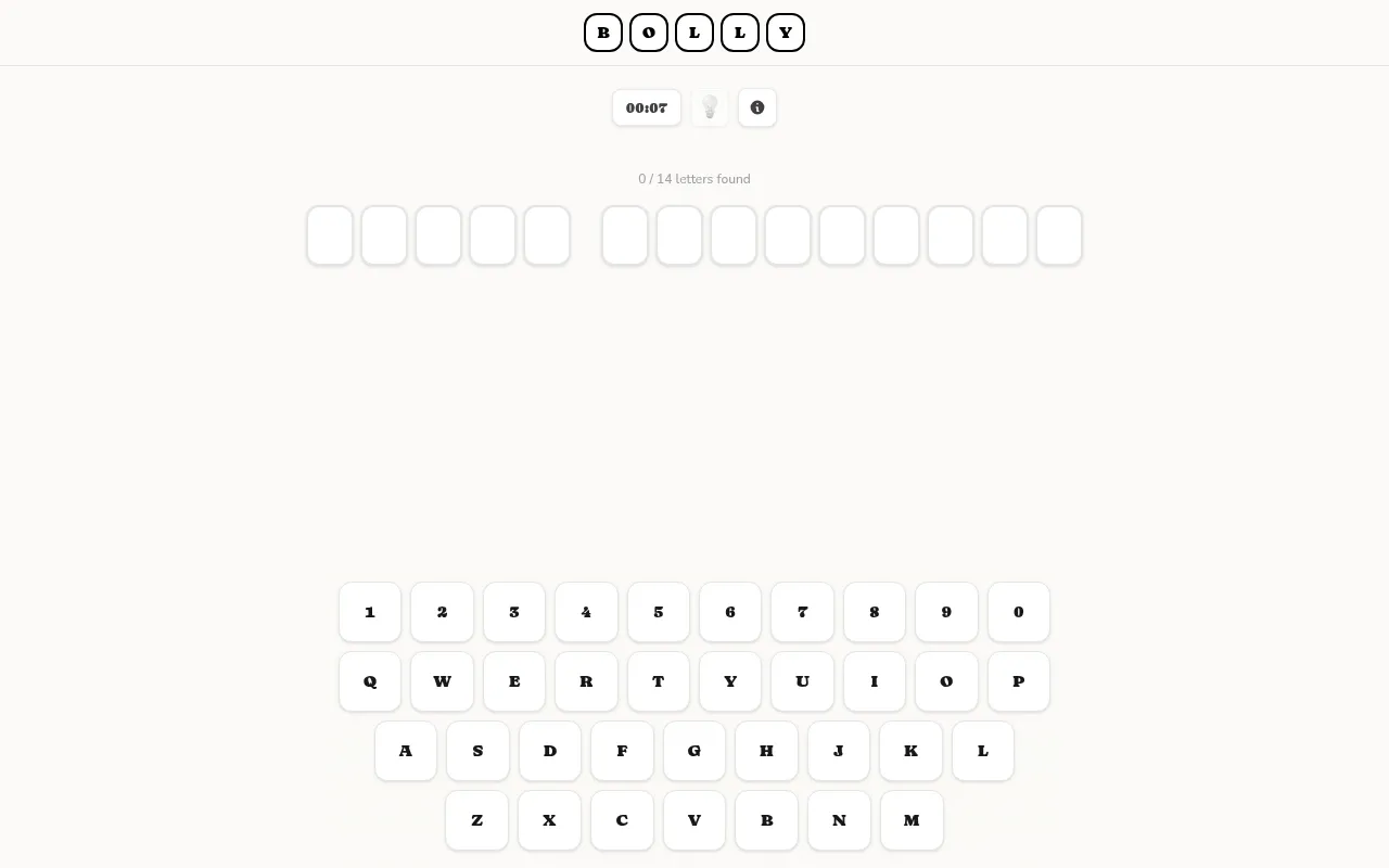 BOLLY's daily puzzle: blank tiles for a two-word Bollywood film title, 0 of 14 letters found, a timer and a keyboard of letters and digits
