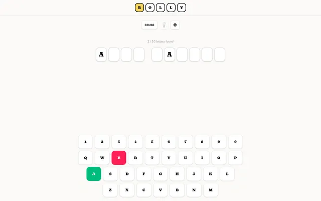 BOLLY's daily puzzle of 19 Oct 2026 in play: a two-word film title of 4 and 6 letters with two A's found, a missed E, the timer, and the letter and digit keyboard
