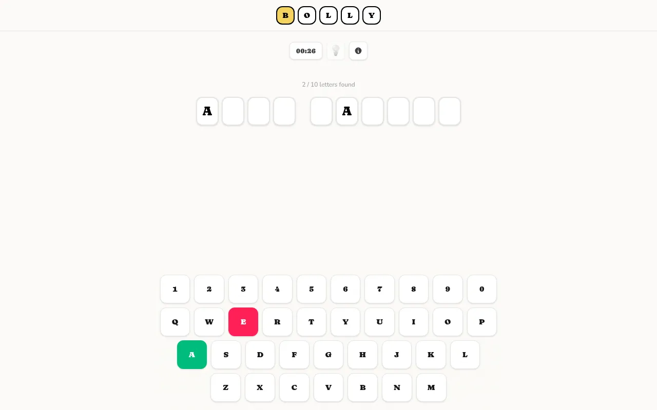 BOLLY's daily puzzle of 19 Oct 2026 in play: a two-word film title of 4 and 6 letters with two A's found, a missed E, the timer, and the letter and digit keyboard
