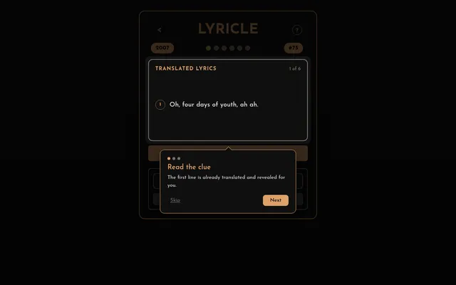 Bollywoodle's Lyricle #75 with the hint 2007: the first translated lyric line, Oh, four days of youth, ah ah, shown 1 of 6, under a Read the clue tip