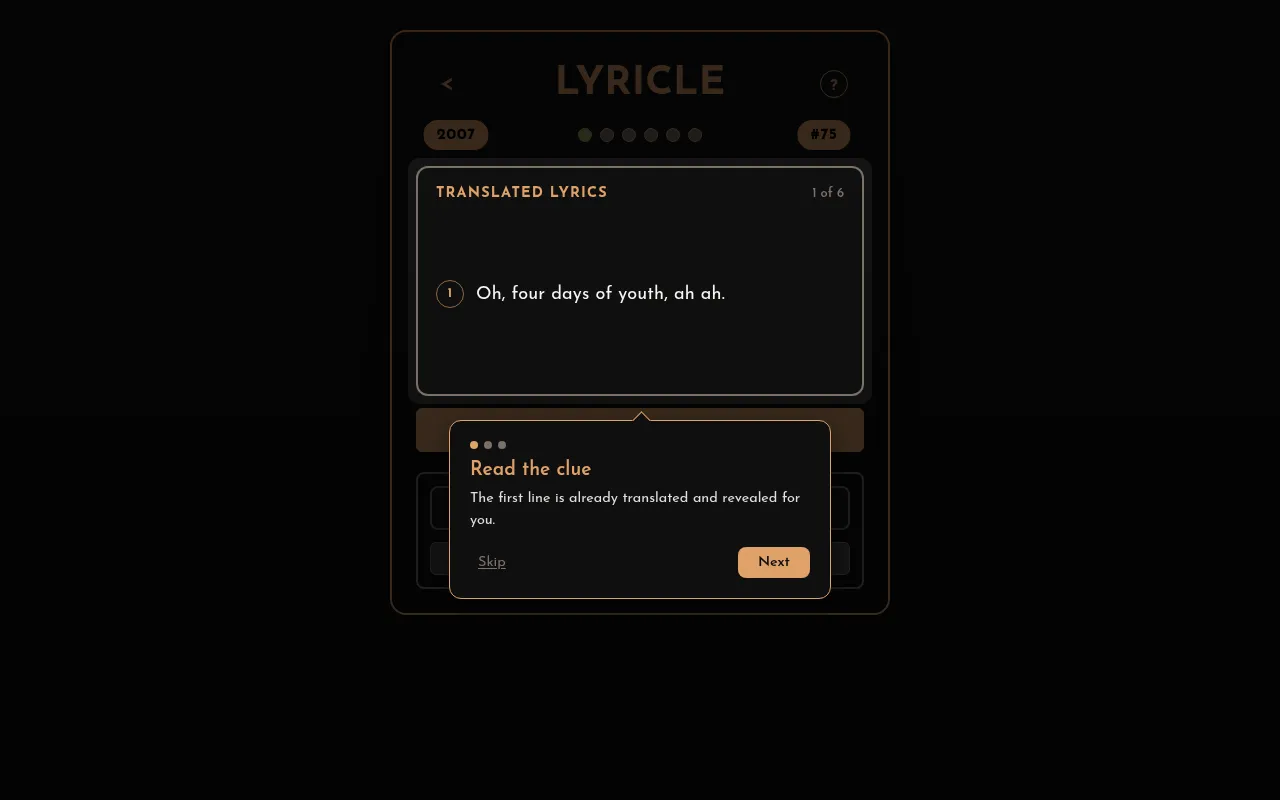 Bollywoodle's Lyricle #75 with the hint 2007: the first translated lyric line, Oh, four days of youth, ah ah, shown 1 of 6, under a Read the clue tip