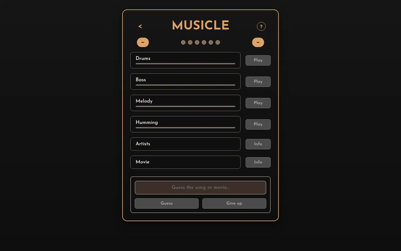 Bollywoodle's Musicle board: Drums, Bass, Melody and Humming tracks to play, Artists and Movie clues, and a guess box