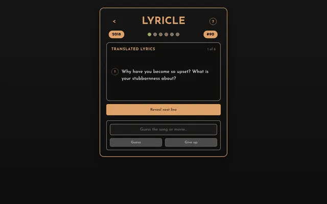 Bollywoodle's Lyricle #90 with the year hint 2018: the first translated lyric line, Why have you become so upset? What is your stubbornness about?, shown 1 of 6