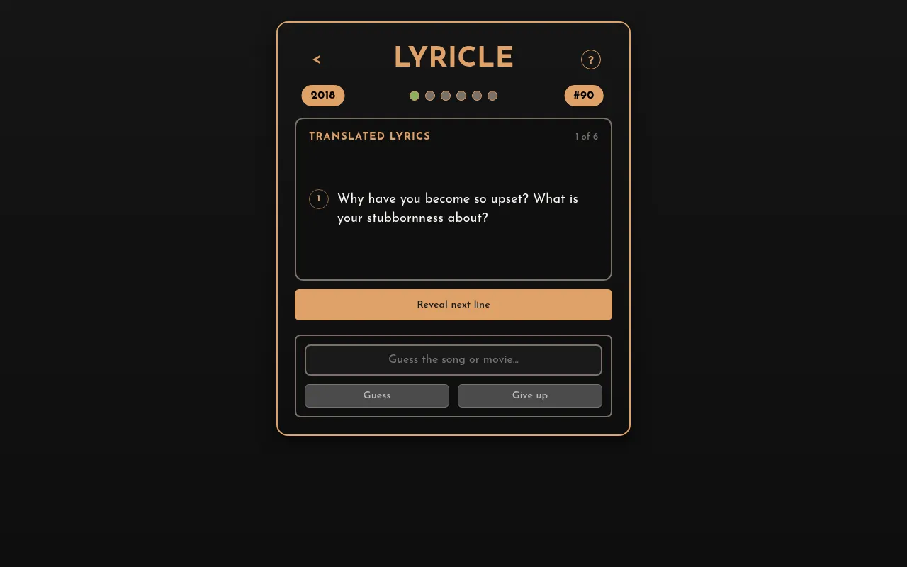Bollywoodle's Lyricle #90 with the year hint 2018: the first translated lyric line, Why have you become so upset? What is your stubbornness about?, shown 1 of 6