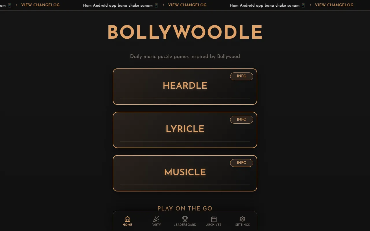 The Bollywoodle home screen: Daily music puzzle games inspired by Bollywood, with Heardle, Lyricle and Musicle cards and a menu for party, leaderboard and archives