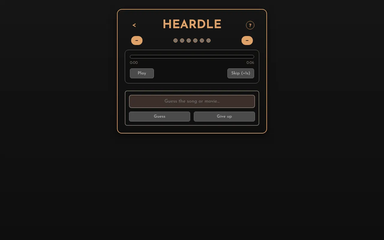 Bollywoodle's Heardle board: a six-second clip player with Play and Skip (+1s), six try dots and a guess box