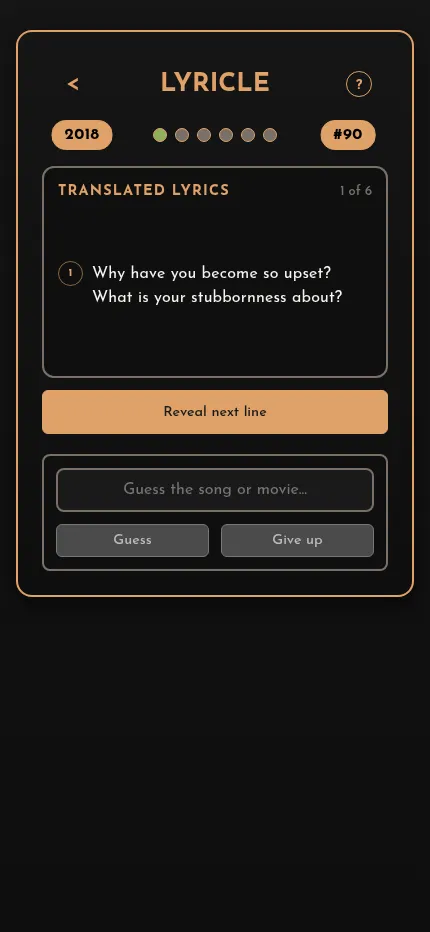 Bollywoodle's Lyricle #90 at phone size, the first translated lyric line above Reveal next line and the guess box