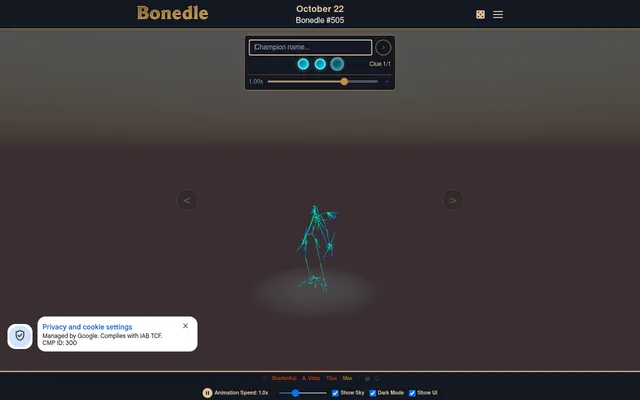 Bonedle #505 for October 22: a green and blue line skeleton of the day's League of Legends champion mid-animation, under the champion name box with three tries