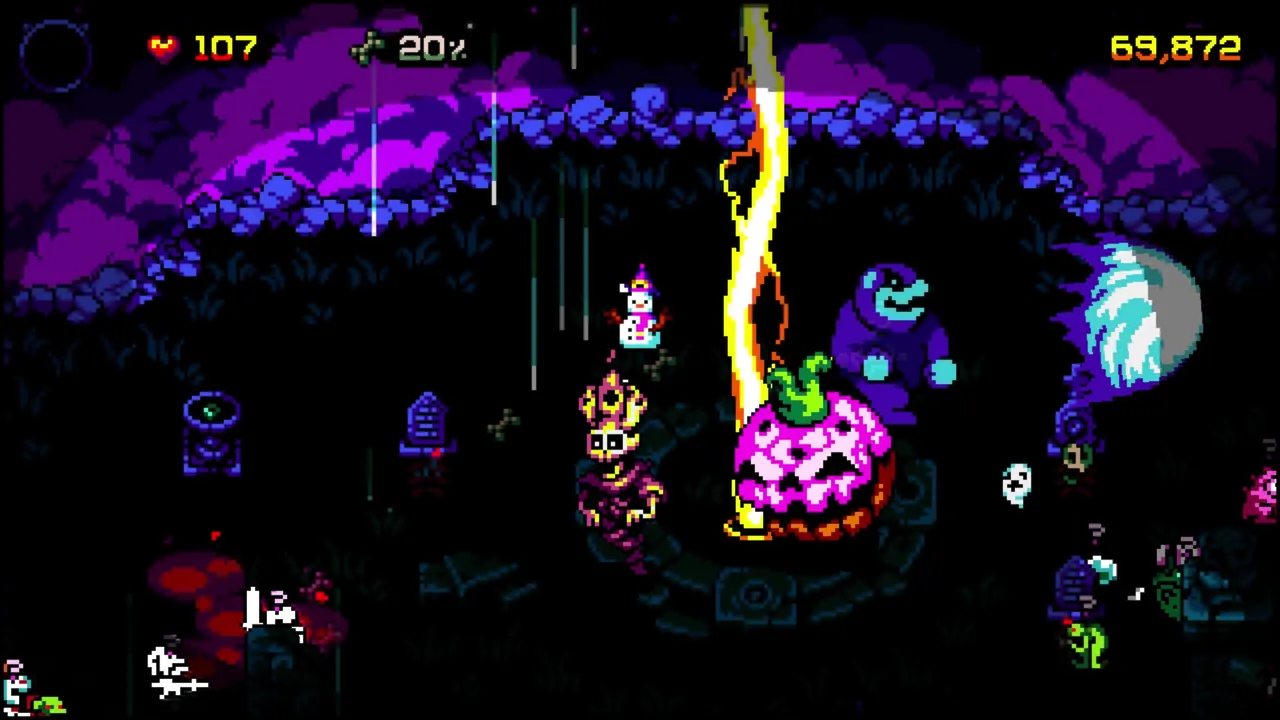 A Boneraiser Minions fight: a necromancer and his skeleton minions face a giant pumpkin boss under a lightning strike