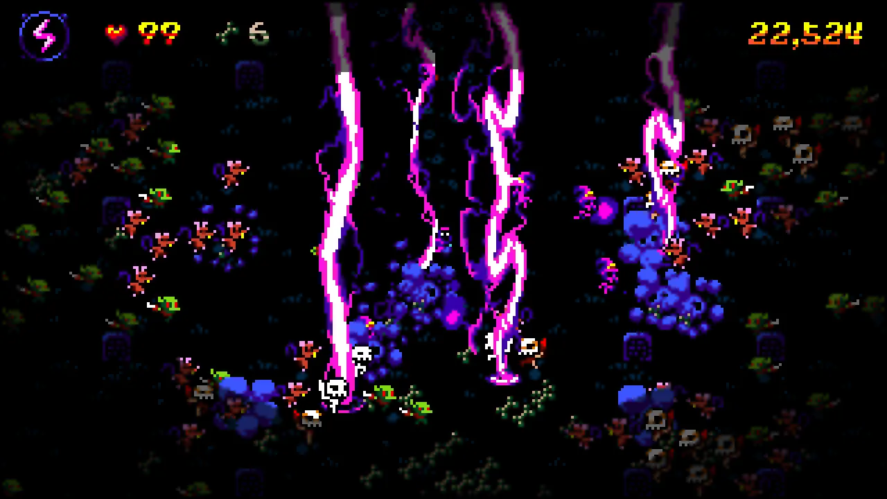 Purple lightning strikes a horde of heroes surrounded by blue skeleton minions in Boneraiser Minions
