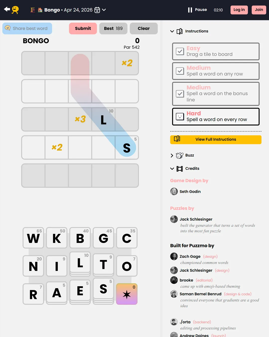 A Bongo board on Puzzmo with letter tiles below five rows and multiplier squares