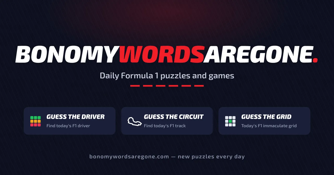 BonoMyWordsAreGone title art: Daily Formula 1 puzzles and games, with Guess the Driver, Guess the Circuit and Guess the Grid