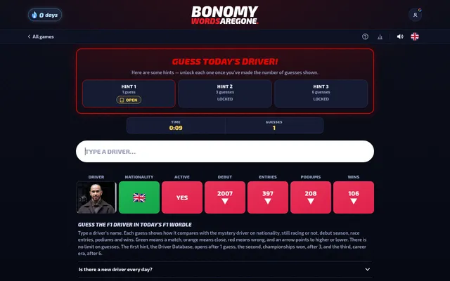 BonoMyWordsAreGone Guess the Driver, today's board after one guess: tiles for nationality, active, debut, entries, podiums and wins, with hints above