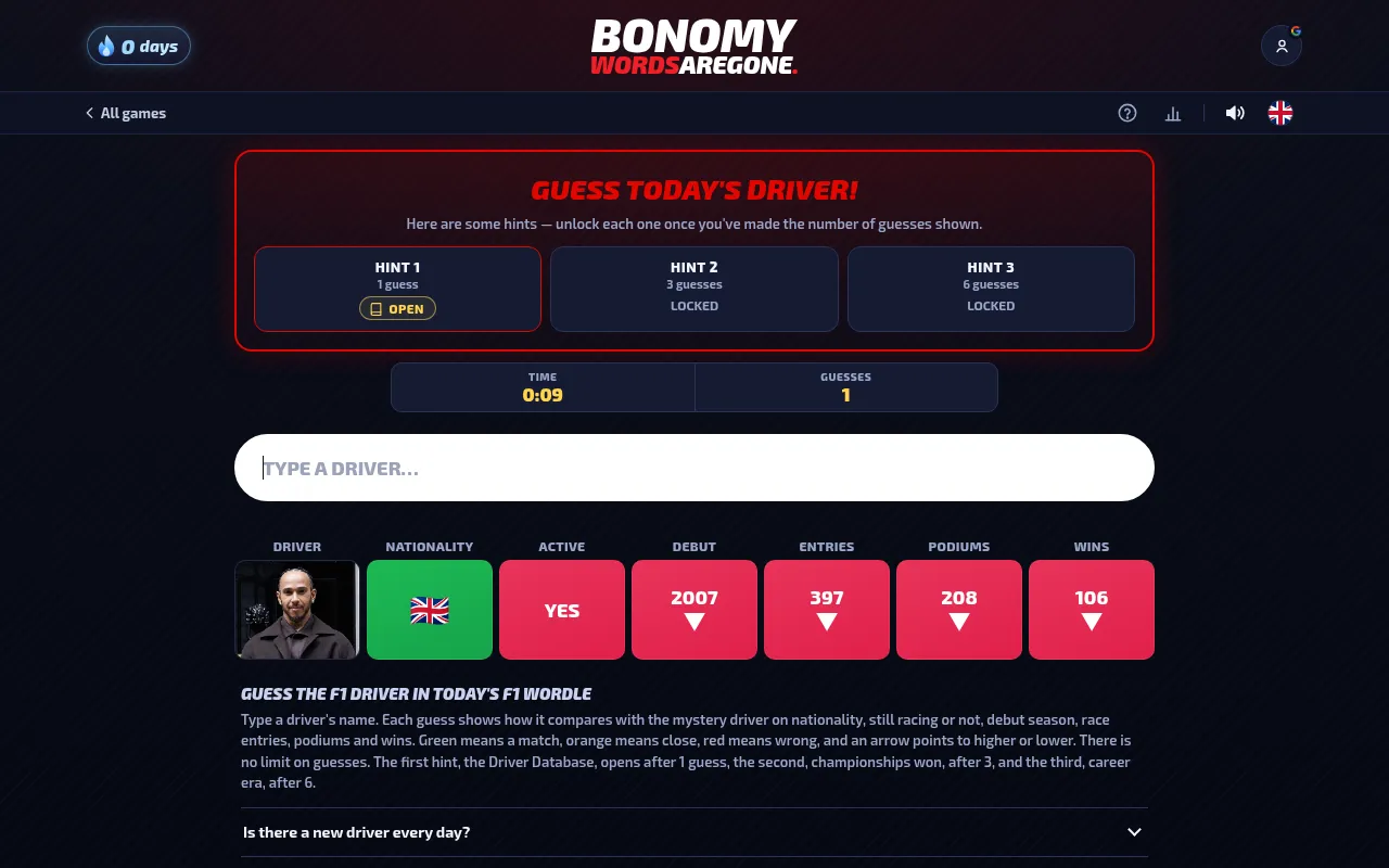 BonoMyWordsAreGone Guess the Driver, today's board after one guess: tiles for nationality, active, debut, entries, podiums and wins, with hints above