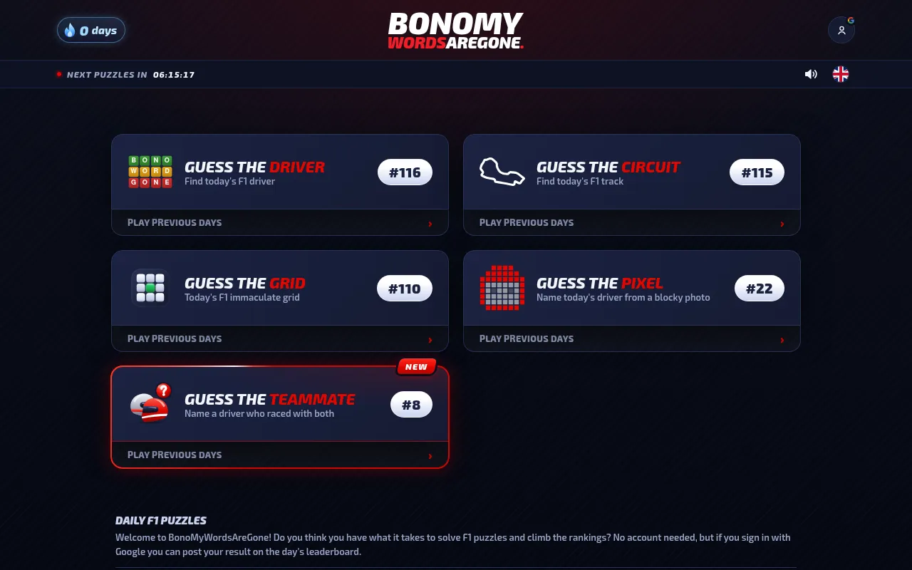BonoMyWordsAreGone home page: Guess the Driver #116, Guess the Circuit #115, Guess the Grid #110, Guess the Pixel #22 and Guess the Teammate #8, with a countdown to the next puzzles