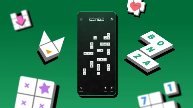 A Daily Bonza puzzle on a phone, themed French Riviera, with letter fragments such as MAR, NES and CA spread over the board next to the BONZA logo