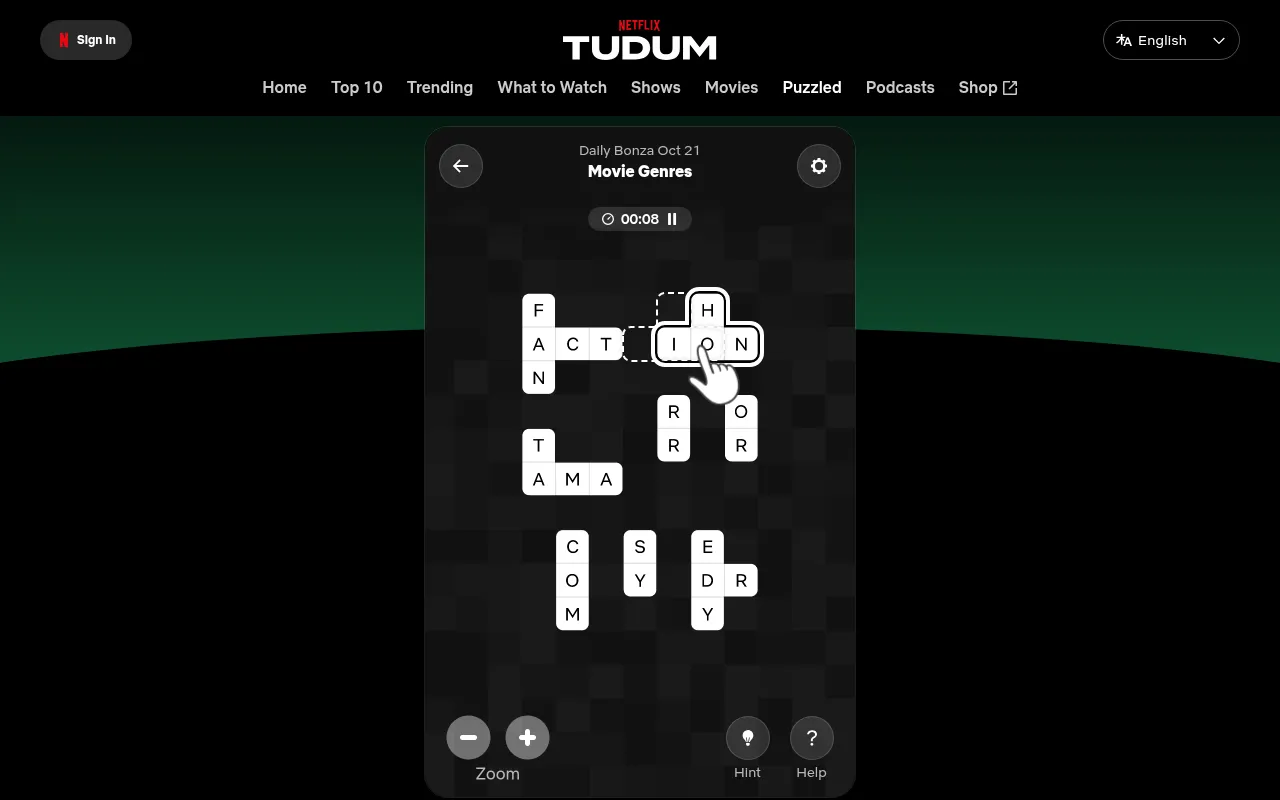Daily Bonza for 21 October 2026 on Netflix Tudum at desktop size, theme Movie Genres, with a timer, zoom, hint and help buttons around the fragments