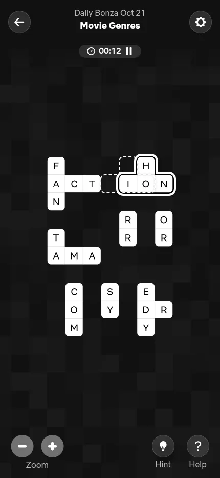 Daily Bonza for 21 October 2026, Movie Genres, at phone size: letter fragments such as ACT, ION, AMA and COM on a dark board, with a hand pointer showing the first move