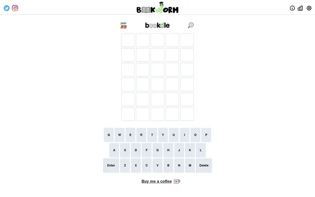 The Bookdle board: an empty five by six grid under the Bookworm logo, with the clue and stats icons and the on-screen keyboard