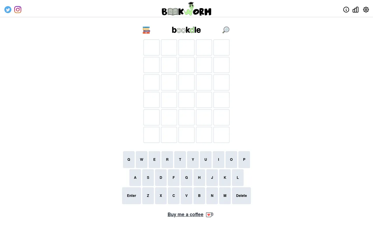 The Bookdle board: an empty five by six grid under the Bookworm logo, with the clue and stats icons and the on-screen keyboard