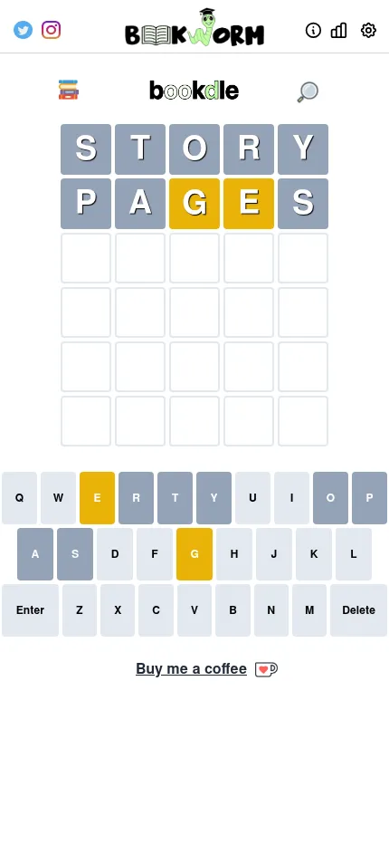 Bookdle at phone size after two guesses, STORY and PAGES, with the grid filling the narrow screen above the keyboard