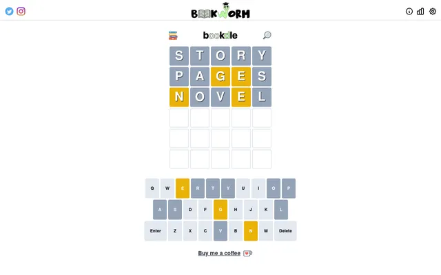 Today's Bookdle board on a desktop after three guesses, STORY, PAGES and NOVEL, with yellow and grey tiles and the coloured on-screen keyboard