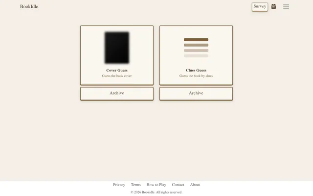 BookIdle home screen with two cards side by side: Cover Guess showing a heavily blurred book cover with the label Guess the book cover, and Clues Guess showing stacked clue bars with the label Guess t