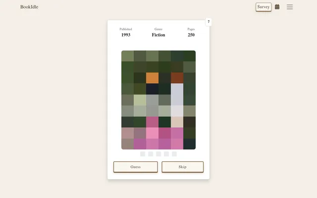 Bookidle Cover Guess for 19 October 2026: a pixelated book cover in green, grey and pink blocks under Published 1993, Fiction, 250 pages, with five attempt squares and Guess and Skip
