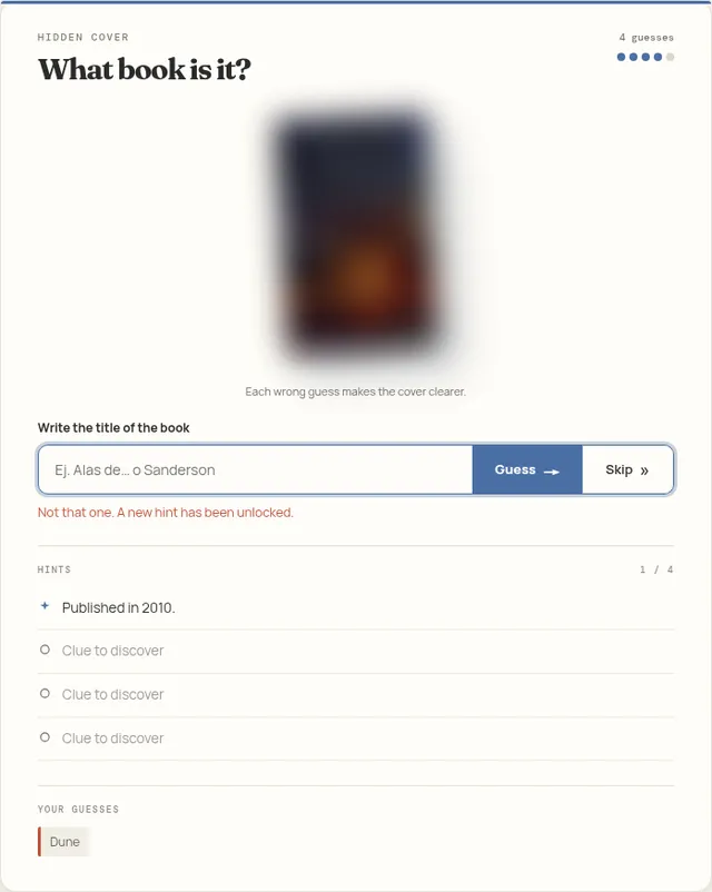 Booktokdle Covers for 19 Oct 2026 in English: a blurred book cover, one wrong guess made and the first hint, Published in 2010, unlocked