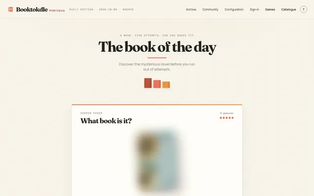 Booktokdle's Portadas game in English for 5 Oct 2026: 'The book of the day' with a blurred book cover to identify and five guesses