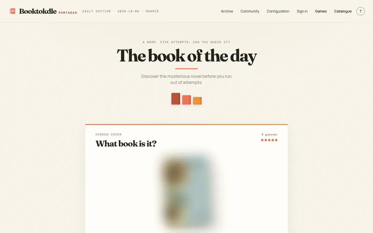Booktokdle's Portadas game in English for 5 Oct 2026: 'The book of the day' with a blurred book cover to identify and five guesses