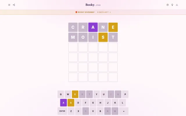 Booky puzzle #148 in play: CRANE and MOIST guessed, with a purple A and yellow E and S tiles above the on-screen keyboard