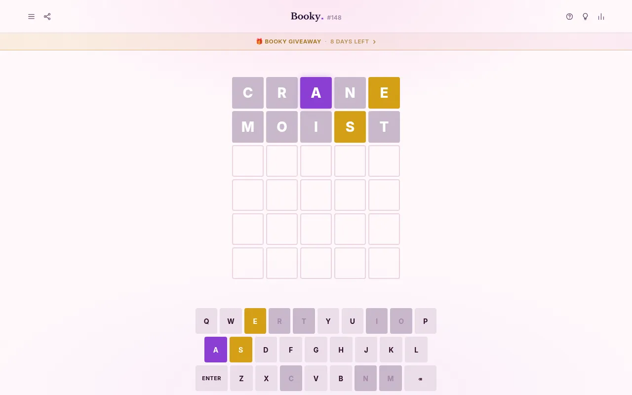 Booky puzzle #148 in play: CRANE and MOIST guessed, with a purple A and yellow E and S tiles above the on-screen keyboard
