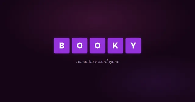 Booky logo spelled in five purple letter tiles, romantasy word game
