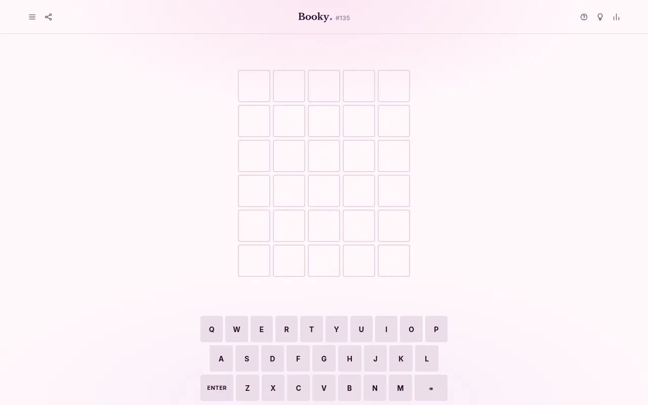 Booky puzzle #135 with an empty six-row grid and the on-screen keyboard