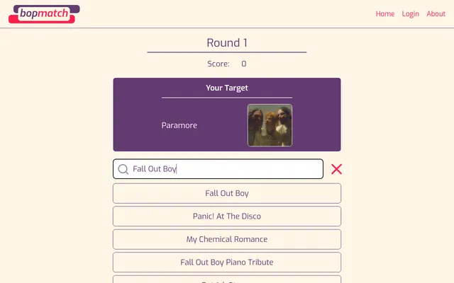 BopMatch round 1 on 28 October 2026: target artist Paramore, with Fall Out Boy typed in the search box and matching artists listed below