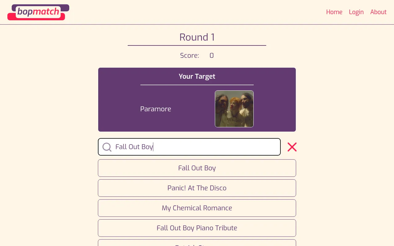 BopMatch round 1 on 28 October 2026: target artist Paramore, with Fall Out Boy typed in the search box and matching artists listed below