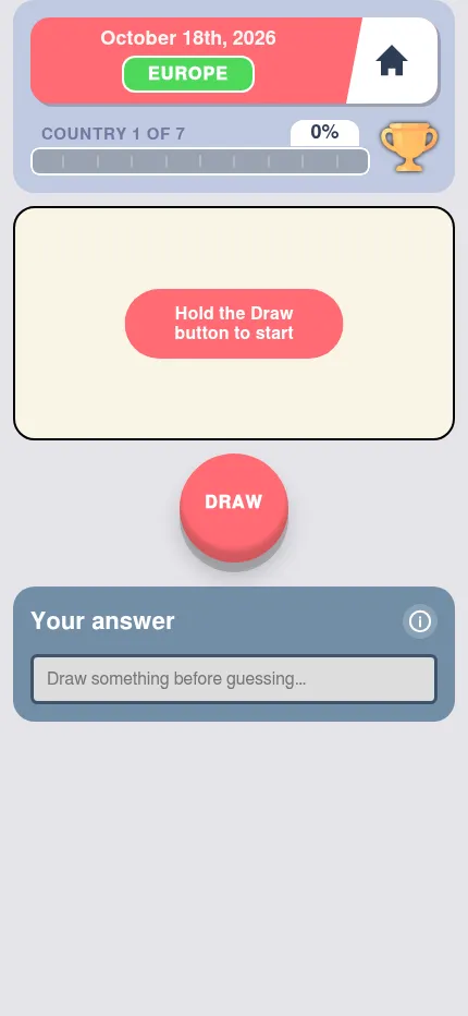 Border Guesser at phone size: the October 18th Europe challenge with the empty board, DRAW button and answer box