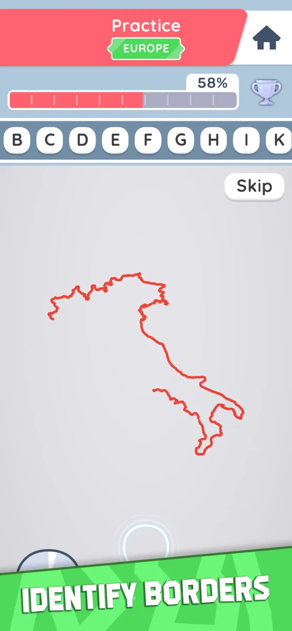 Border Guesser app in practice mode: the red outline of Italy drawn to 58 percent, with letter buttons above