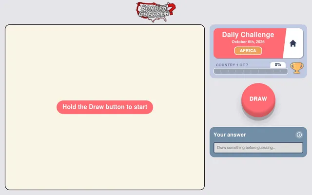 Border Guesser's Daily Challenge for October 6th, 2026: an empty drawing board, the Africa label, a country 1 of 7 progress bar and the DRAW button