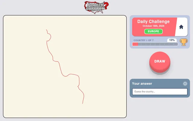 Border Guesser's Daily Challenge for October 18th, 2026 (Europe): the red border of country 1 of 7 traced to 13 percent, beside the DRAW button and answer box