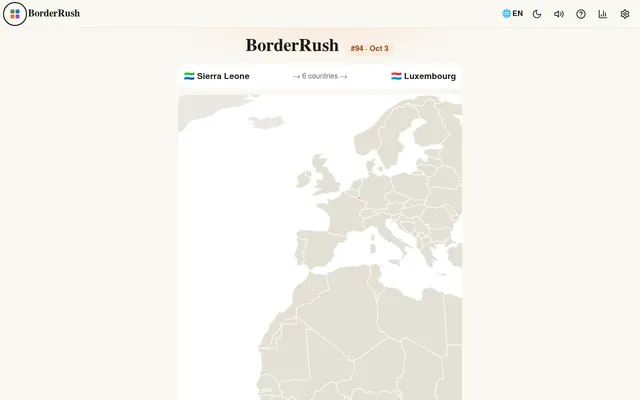 BorderRush #94 on Zalize for October 3: a route from Sierra Leone to Luxembourg six countries apart, over a map of Europe and Africa