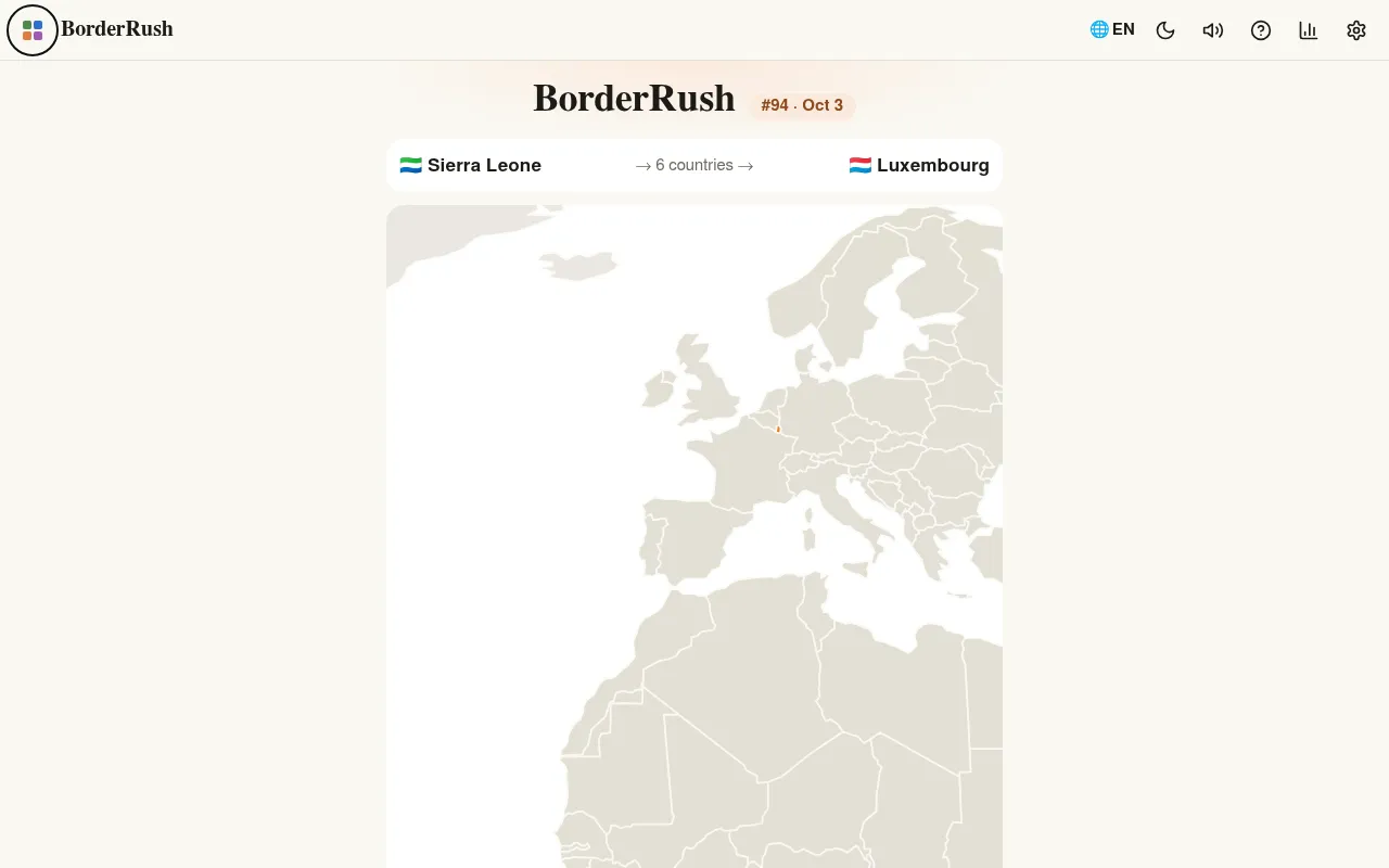 BorderRush #94 on Zalize for October 3: a route from Sierra Leone to Luxembourg six countries apart, over a map of Europe and Africa