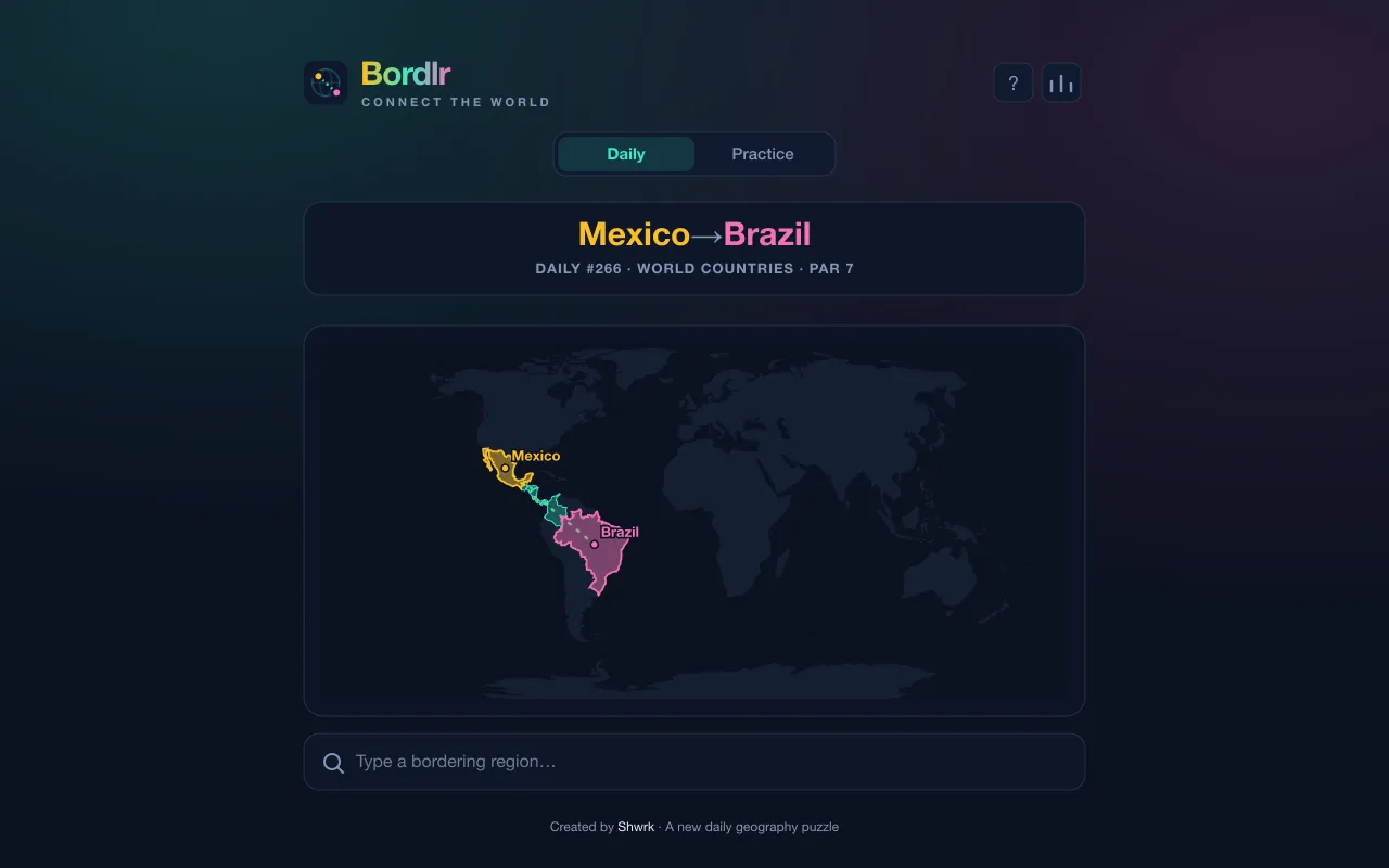 Bordlr Daily #266, Mexico to Brazil, with a chain of Central and South American countries highlighted between them