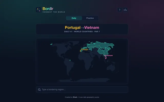 Bordlr Daily #1, Portugal to Vietnam, par 7: a dark world map with a route of highlighted countries running from Portugal across Russia and China to Vietnam