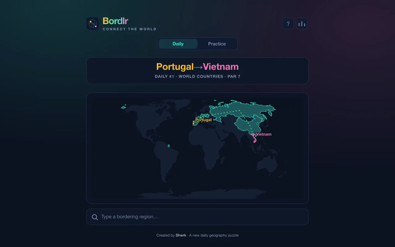 Bordlr Daily #1, Portugal to Vietnam, par 7: a dark world map with a route of highlighted countries running from Portugal across Russia and China to Vietnam