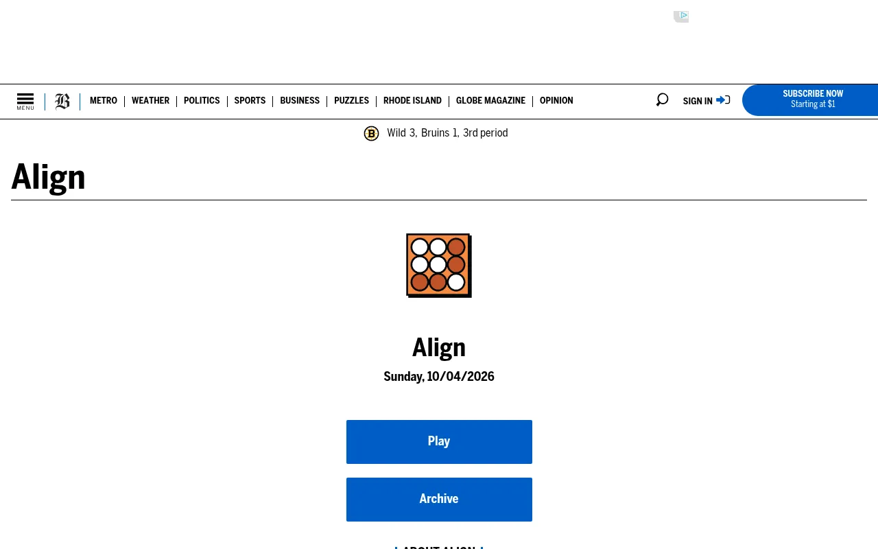 Align (Boston Globe) start screen for Sunday 10/04/2026: the game's orange icon of a three by three grid of white and rust circles above the name Align, with blue Play and Archive buttons below