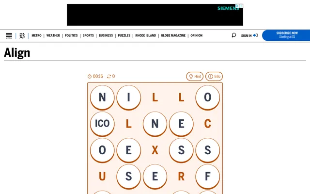 Align (Boston Globe) in play: the scrambled letter grid of the day with circled letters to swap and fixed orange letters, a timer at 00:16 and a swap count of 0, with Hint and Info buttons