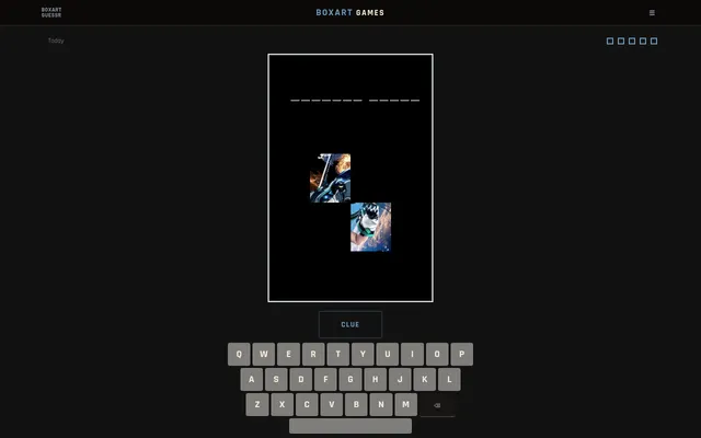 Boxart Games daily board: a black cover frame with two tiles of game art uncovered, letter blanks for a two-word title, a Clue button and a keyboard