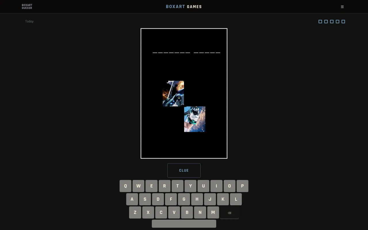 Boxart Games daily board: a black cover frame with two tiles of game art uncovered, letter blanks for a two-word title, a Clue button and a keyboard